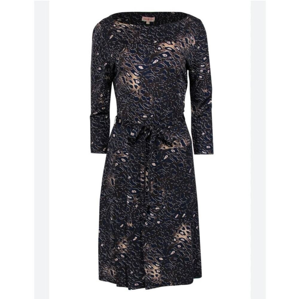 Tory Burch Leopard Belted Drop Waist 3/4 Sleeve Boat Neck pleated Midi Dress XL